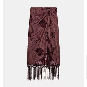 Elegant Burgundy Floral Skirt with Fringe